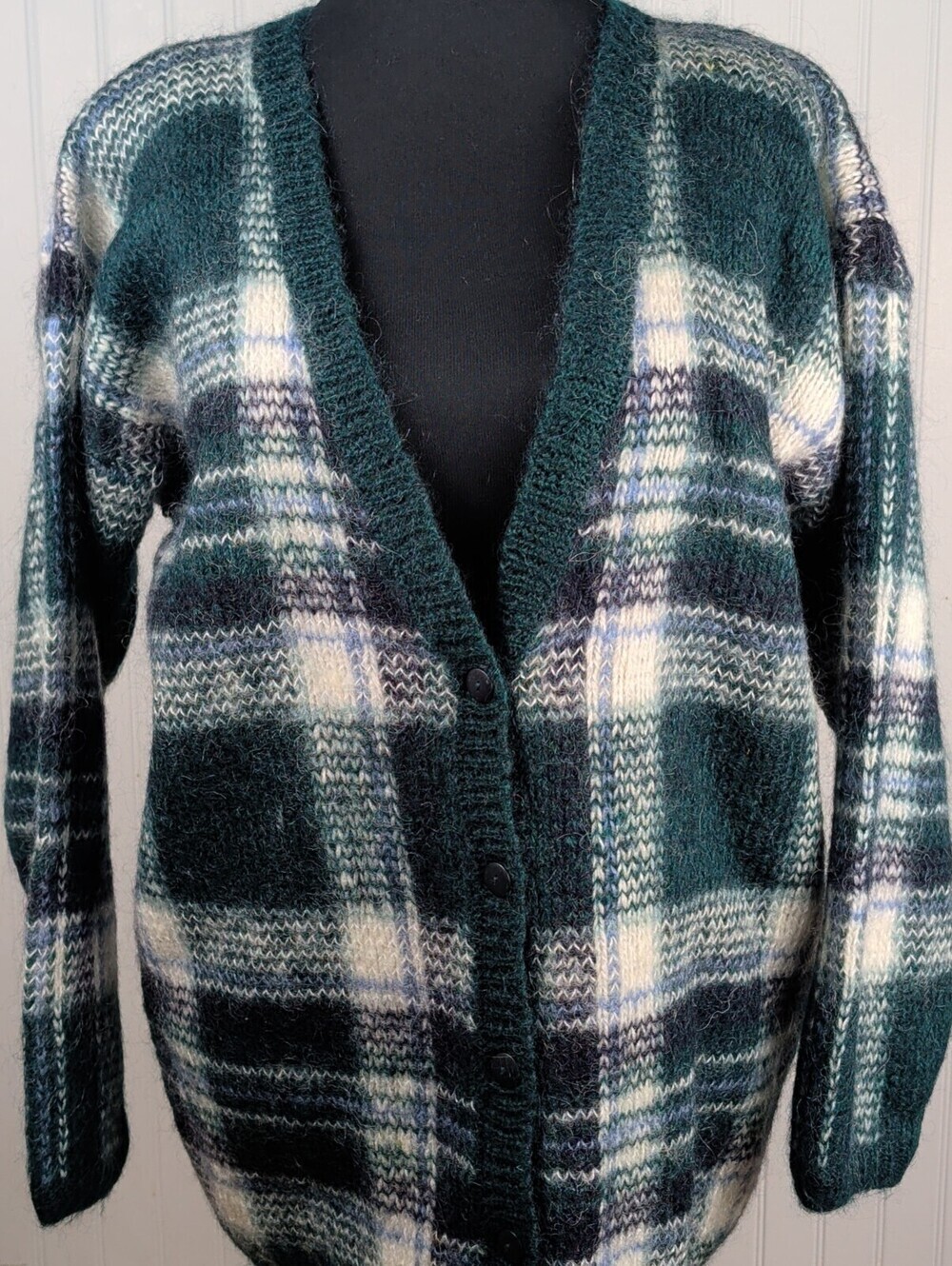 Paul Harris Design Mohair Acrylic Plaid Cardigan Green Large